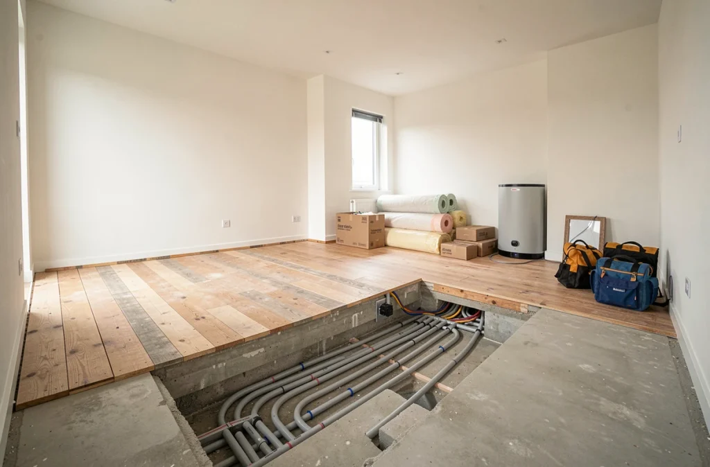 Vue d'ensemble d'une pompe à chaleur intégrée au système de chauffage par le sol dans un salon en rénovation