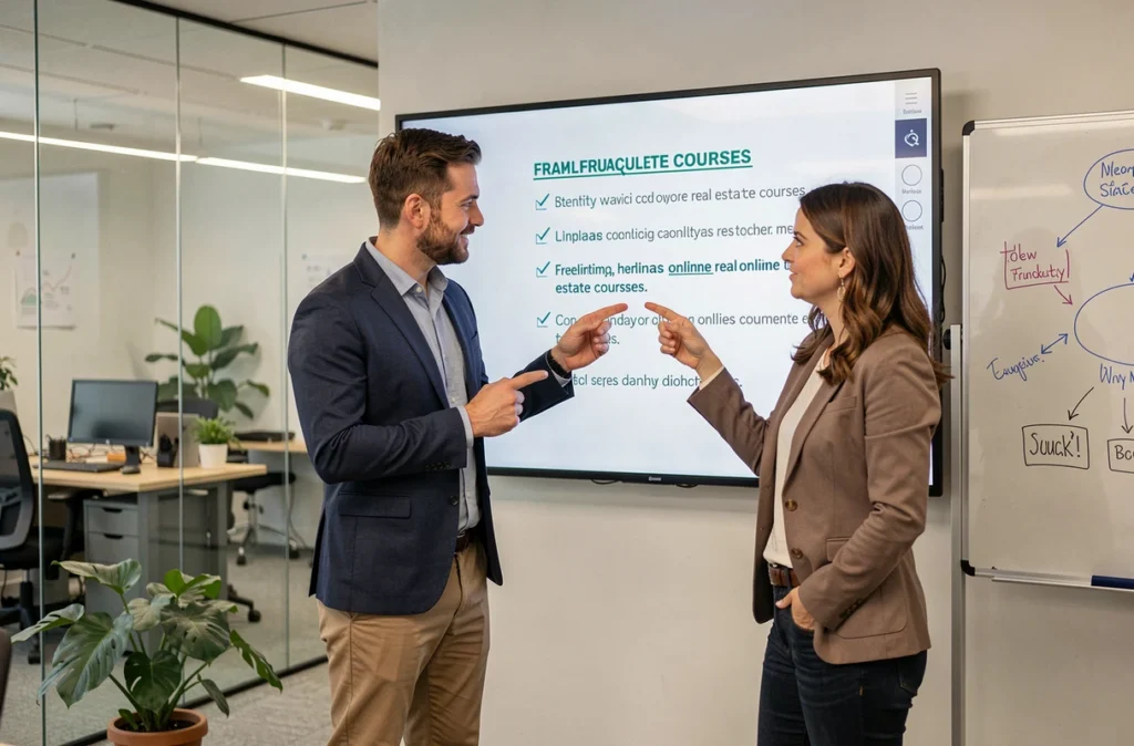Deux professionnels évaluant les critères d'une formation rentier immobilier pour éviter les arnaques dans un espace de coworking