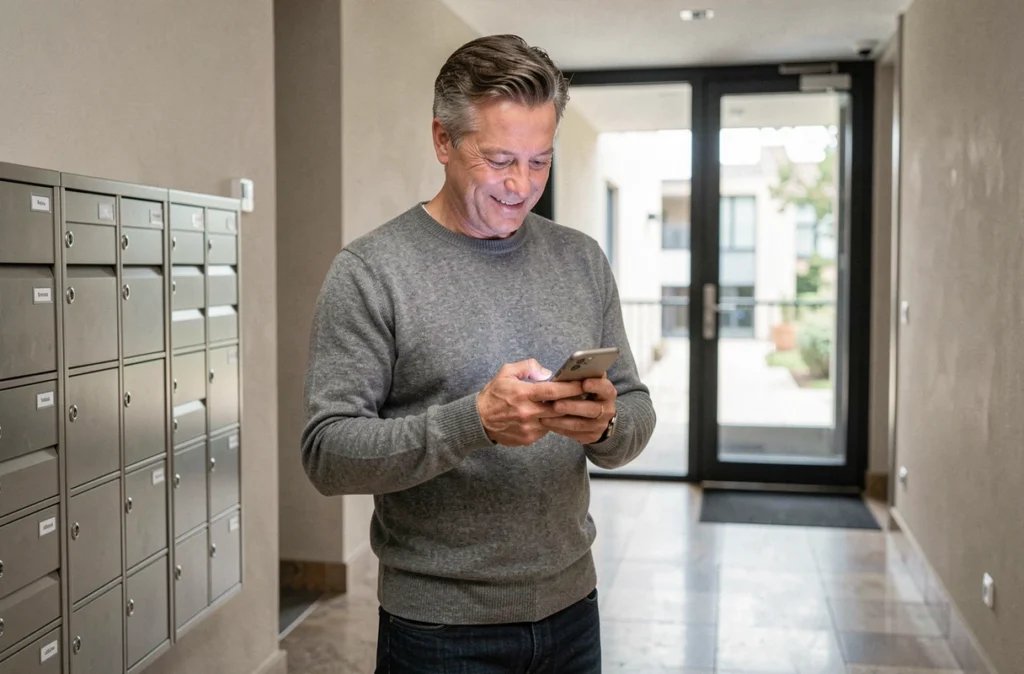 Propriétaire d'appartement consultant l'application Foncia dans le couloir de sa résidence en copropriété