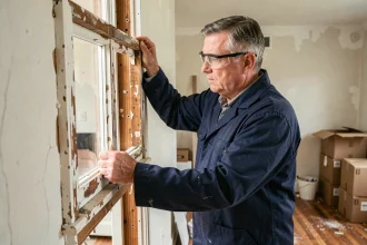 Artisan retirant une ancienne fenêtre à simple vitrage lors de travaux de rénovation thermique dans une maison