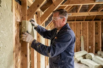 Artisan installant des panneaux d'isolation thermique en laine minérale dans les combles d'une maison en cours de rénovation énergétique