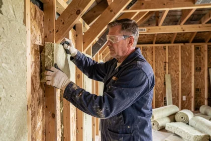 Artisan installant des panneaux d'isolation thermique en laine minérale dans les combles d'une maison en cours de rénovation énergétique