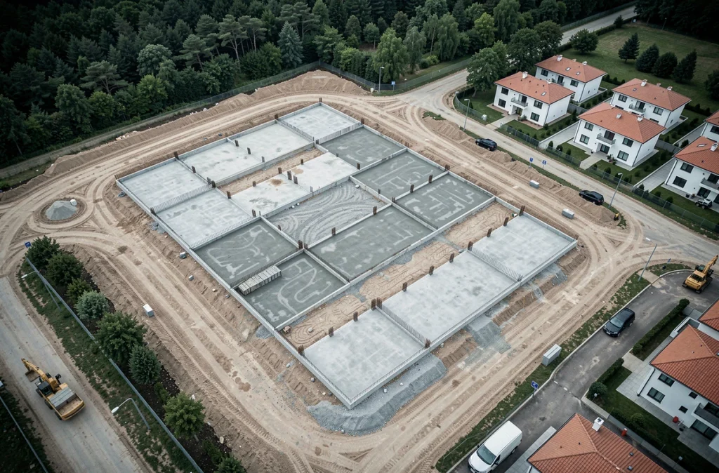 Vue aérienne d'un chantier de lotissement immobilier neuf en cours de construction avec délimitation des lots et logements récents environnants
