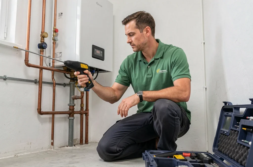 Diagnostiqueur d'A5a Be utilisant un détecteur de gaz près d'une chaudière dans une buanderie résidentielle