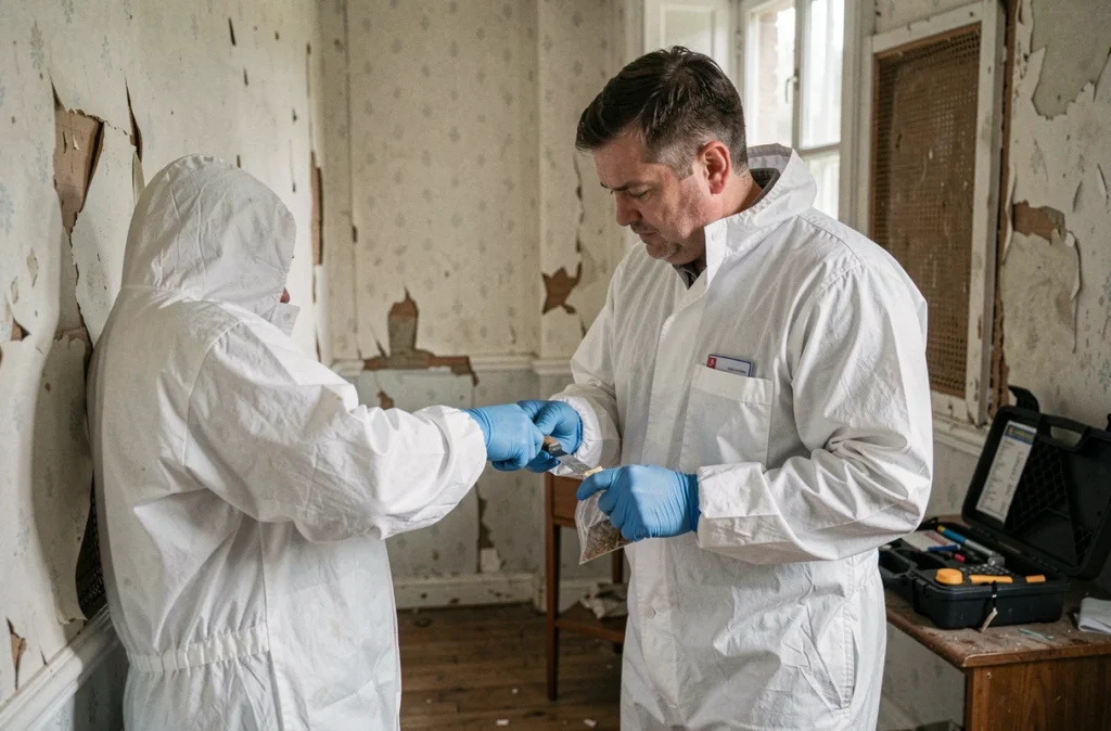 Expert d'AC Environnement en combinaison de protection prélevant un échantillon de matériau dans un bâtiment ancien