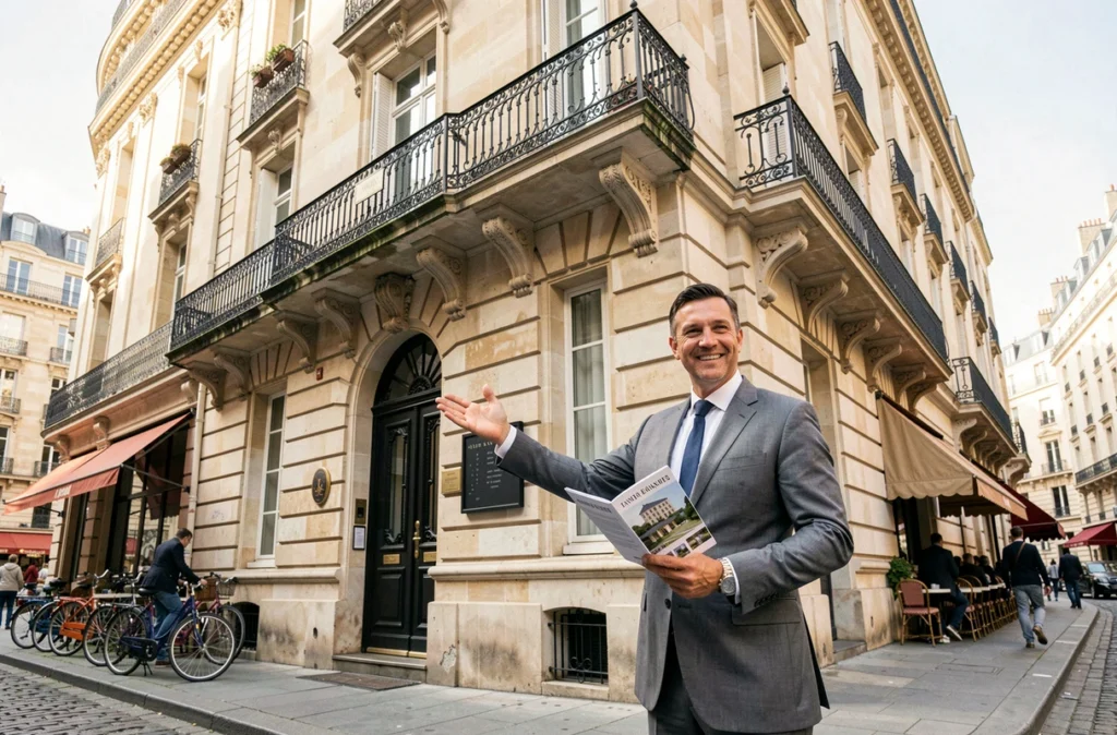 Agent de L'Adresse Nantes Centre devant un immeuble haussmannien du centre-ville de Nantes