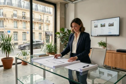 Agent immobilière professionnelle présentant des plans dans une agence immobilière moderne à Nantes
