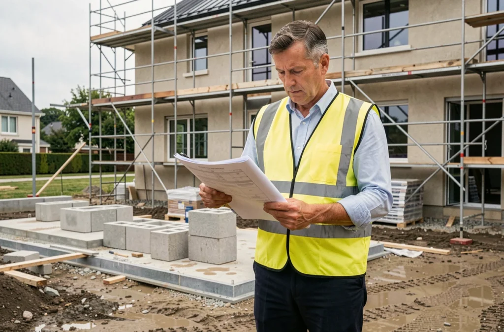 Coordinateur d'Anjou Maine Coordination BET-VRD supervisant un chantier de construction avec un dossier technique