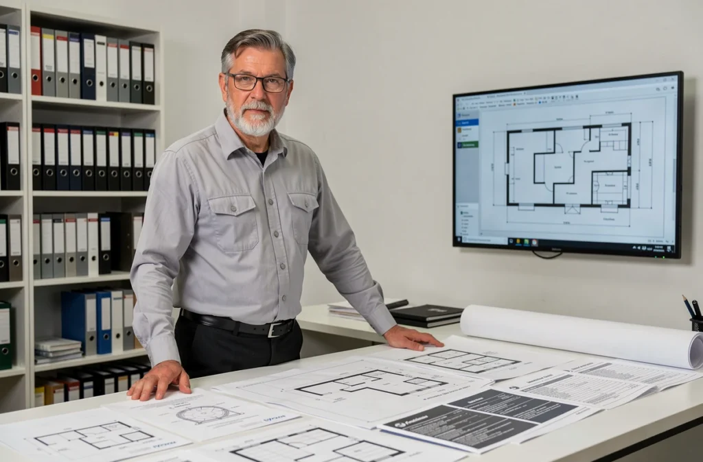 Ingénieur de l'Atelier D'inventique analysant des plans architecturaux et rapports de diagnostic dans son bureau