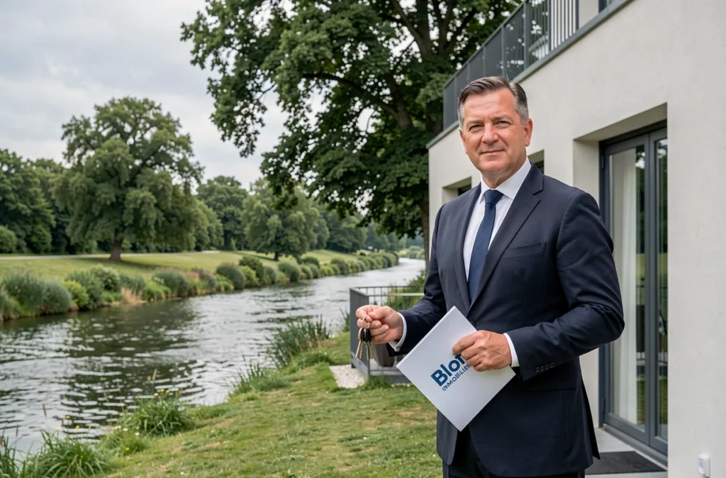 Agent de Blot Immobilier Nantes Buat présentant une propriété en bord de rivière à Nantes