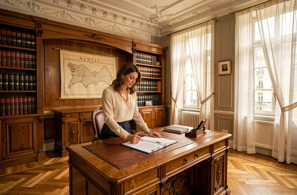 Consultante du Cabinet Moison Nantes examinant un dossier immobilier dans un bureau au décor classique