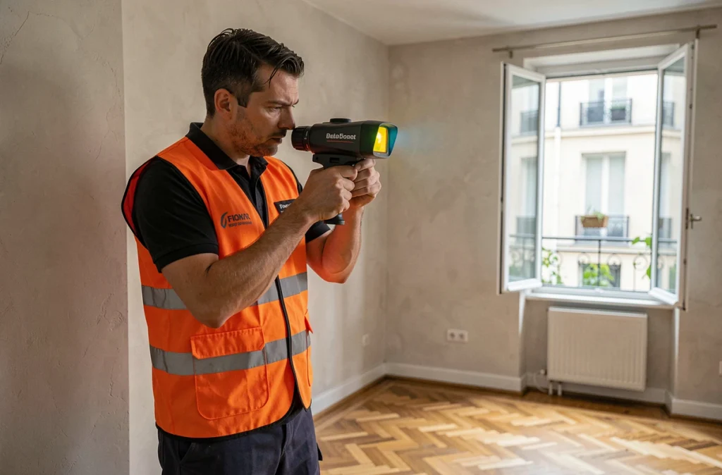Technicien de Chrono Diag utilisant une caméra thermique lors d'un diagnostic immobilier intérieur