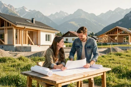 Un couple et un agent immobilier examinent des plans de construction de maisons individuelles en Isère, avec des montagnes en arrière-plan.