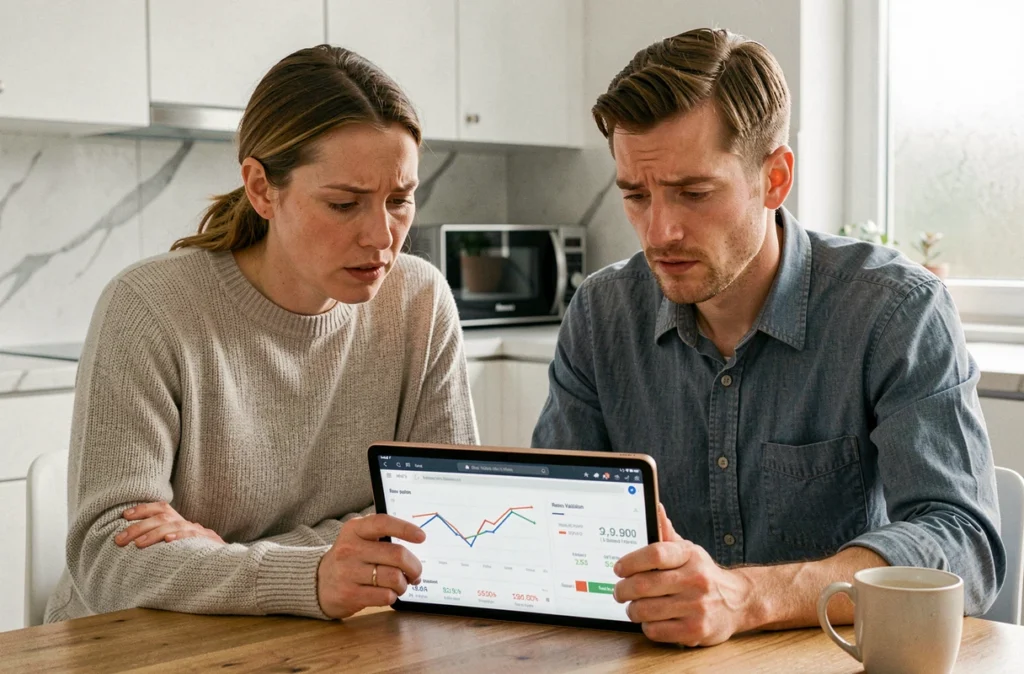 Couple consultant une estimation immobilière automatique DVF sur tablette à la maison