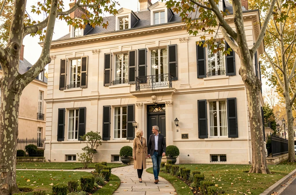 Un couple élégant devant une maison bourgeoise construite par Demeures Caladoises dans une rue résidentielle en Isère.
