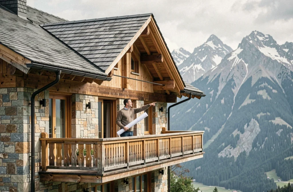 Un architecte sur le balcon d'une villa alpine de prestige construite par Demeures des Alpes, avec un panorama montagneux en Isère.