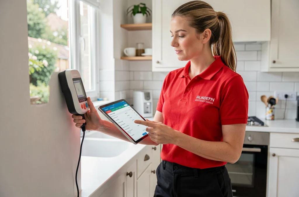 Diagnostiqueuse Diagamter mesurant un mur dans une cuisine moderne avec une tablette affichant un rapport de diagnostic