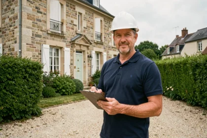 Diagnostiqueur immobilier professionnel devant une maison typique du Maine-et-Loire tenant un clipboard numérique