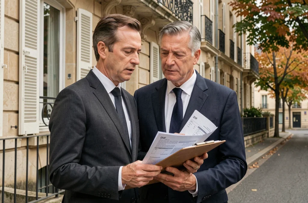 Expert immobilier évaluant un bien ancien à partir des données DVF devant un immeuble en pierre