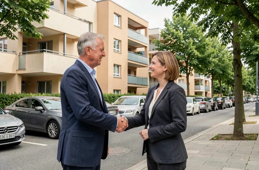 Deux professionnels de GLV Immobilier concluant un accord devant une résidence du Nord