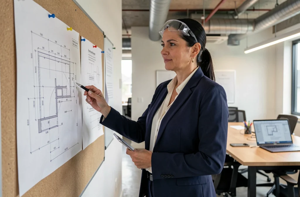 Ingénieure de Gousset Ingenierie & Coordination examinant des plans structuraux dans un bureau d'études moderne