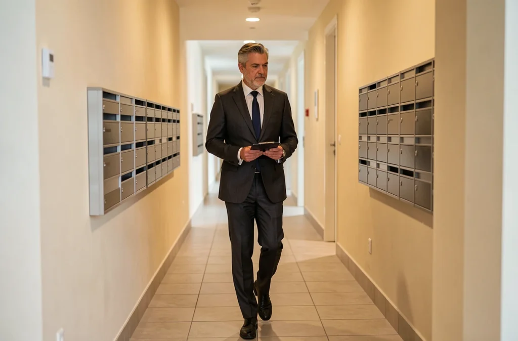 Consultant de Grimmelpont Immobilier inspectant le couloir d'une copropriété moderne