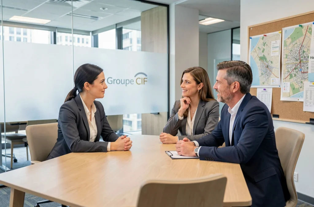 Équipe professionnelle du Groupe CIF en réunion dans un bureau moderne avec vue sur Nantes