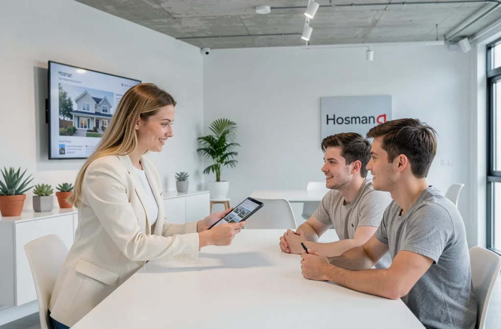 Agente Hosman présentant des annonces immobilières sur tablette à un jeune couple dans un espace moderne