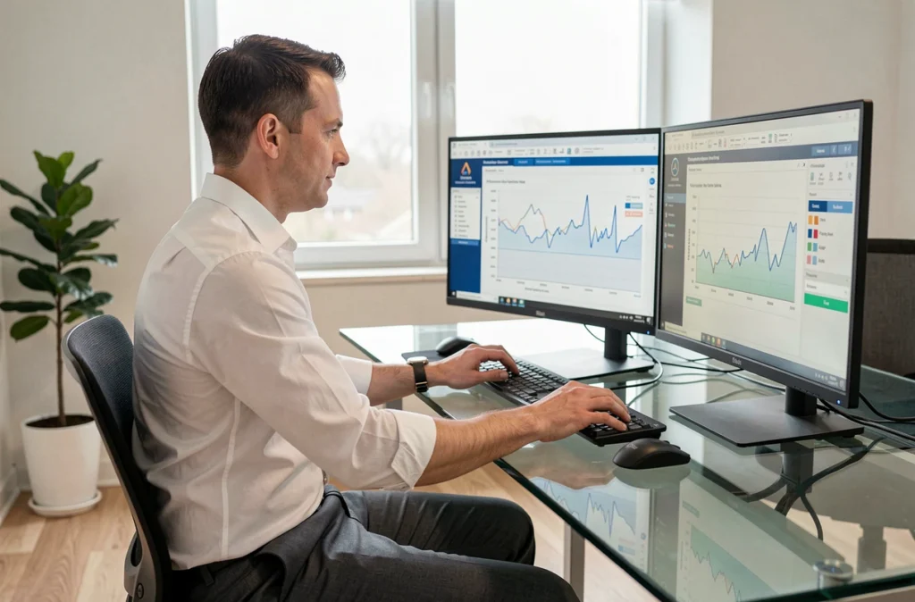 Consultant d'Ing&conseil travaillant sur un logiciel de diagnostic énergétique immobilier sur double écran