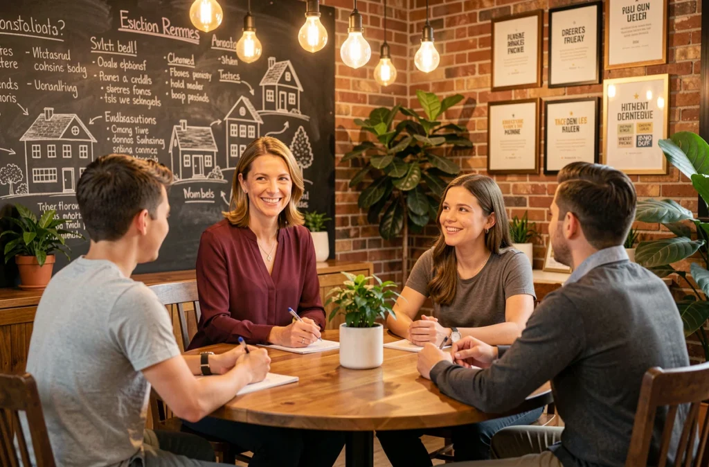 Agente de La Bonne Agence Nantes en consultation chaleureuse avec une famille dans un cadre convivial