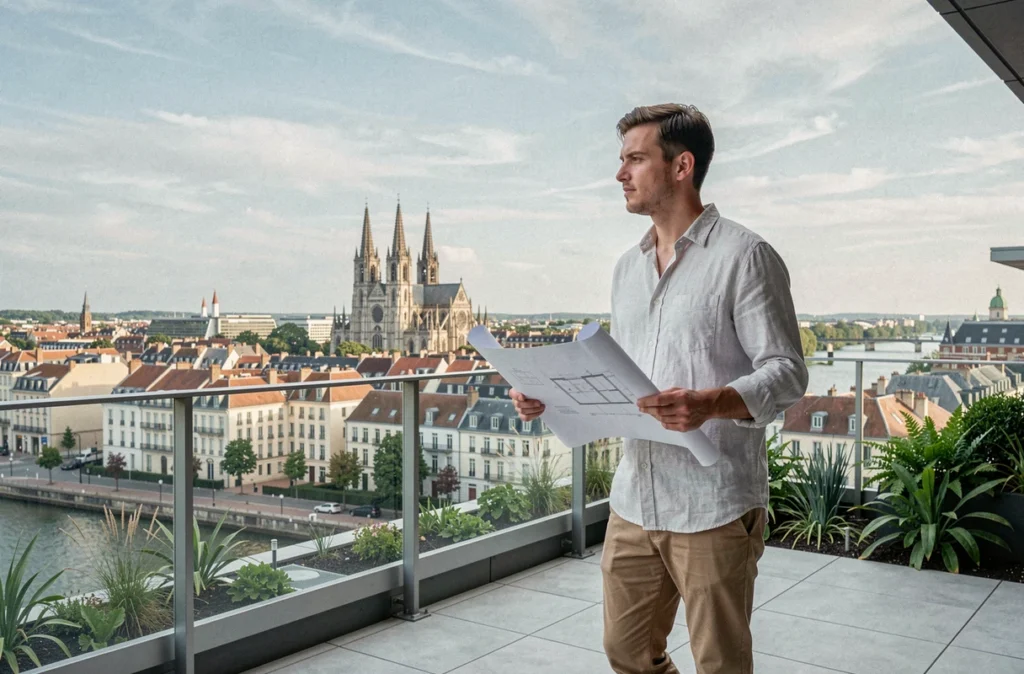 Agent des Toits Immobilier Nantes sur une terrasse avec vue panoramique sur les toits de Nantes