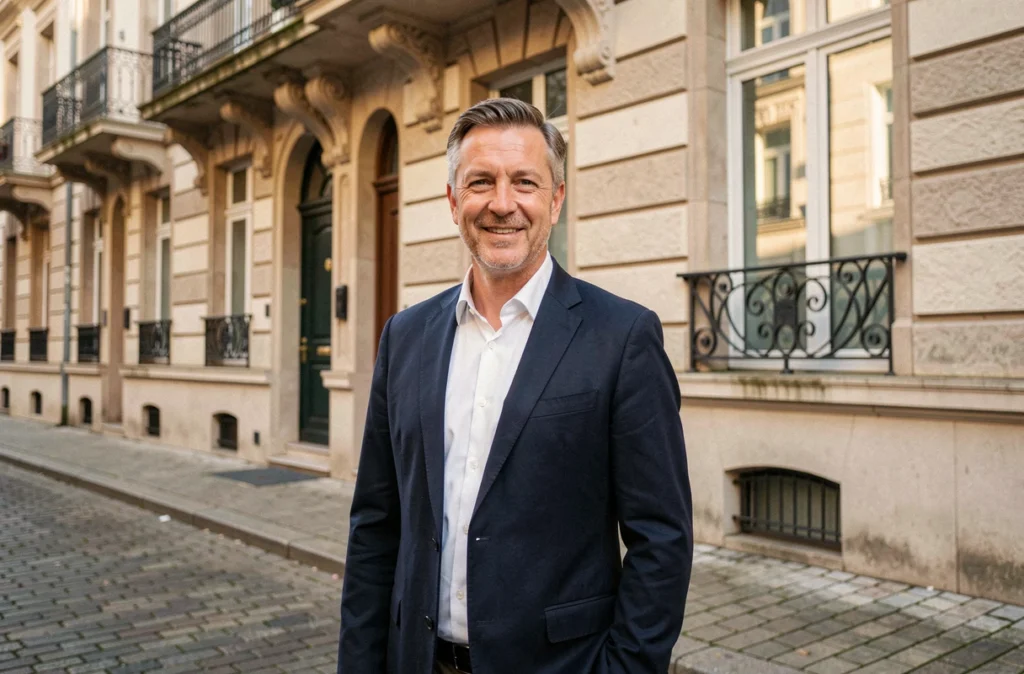 Agent immobilier de Lille Immo Syndic devant un immeuble de copropriété avec façade en pierre