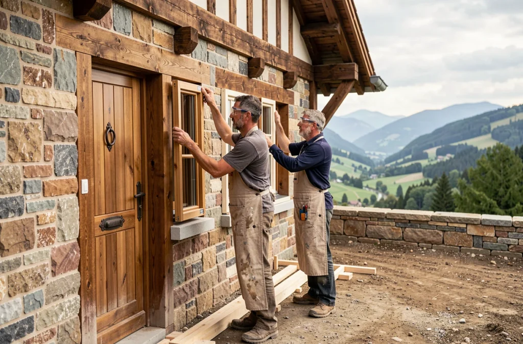 Deux artisans de La Maison des Compagnons posant des menuiseries sur une maison individuelle en cours de construction en Isère.