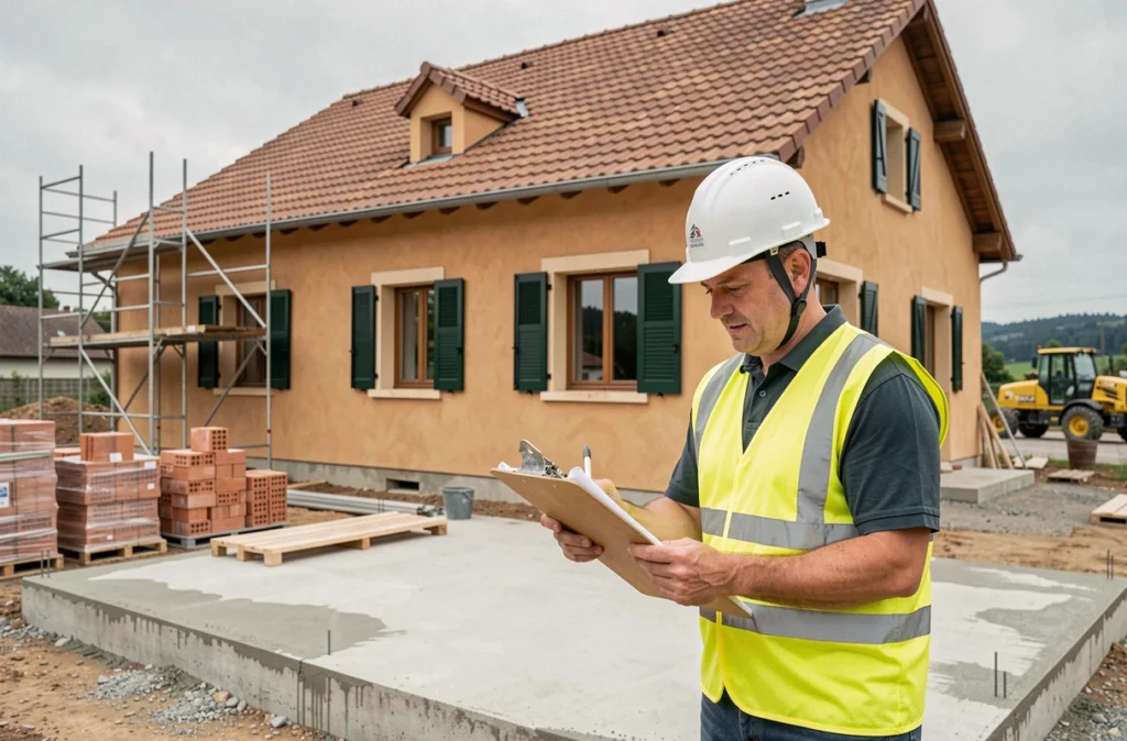 Un chef de chantier de Maisons Axial sur un terrain de construction en Isère, examinant les plans d'une maison individuelle.