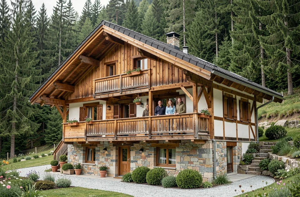 Une maison de style chalet alpin construite par Maisons et Chalets des Alpes, avec une famille sur le balcon en bois entouré de forêt.