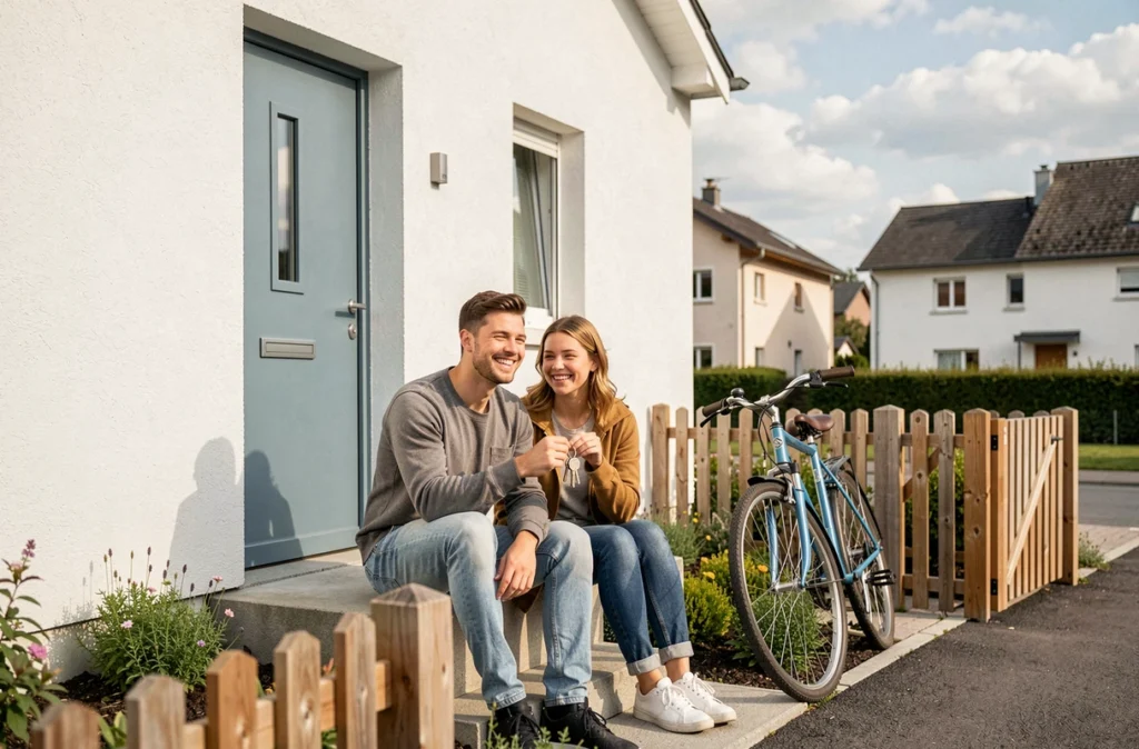 Un jeune couple souriant tenant les clés de leur maison neuve construite par Maisons Clair Logis dans un quartier résidentiel en Isère.