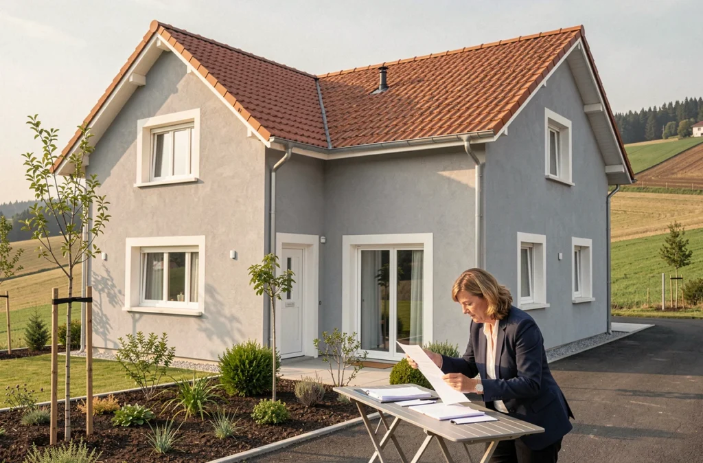 Une maison individuelle contemporaine construite par Maisons France Confort du groupe Hexaom, avec une conseillère commerciale sur l'allée.