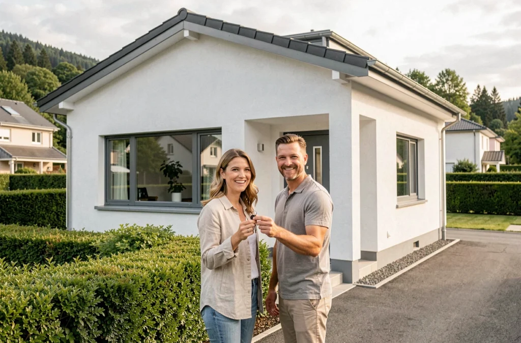 Un couple souriant devant leur maison neuve construite par Maisons Idéales, dans un quartier résidentiel calme en Isère.
