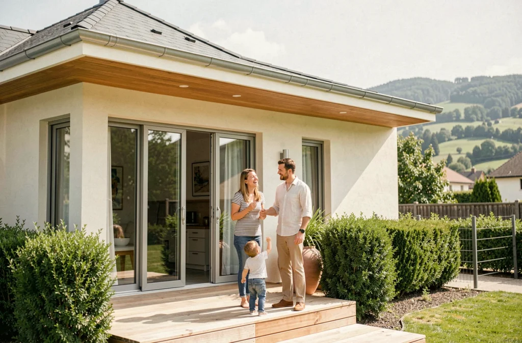 Une famille heureuse sur la terrasse en bois de leur maison neuve construite par Maisons Punch en Isère.