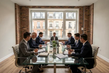 Réunion de syndics de copropriété dans un bureau moderne à Lille avec vue sur des immeubles flamands