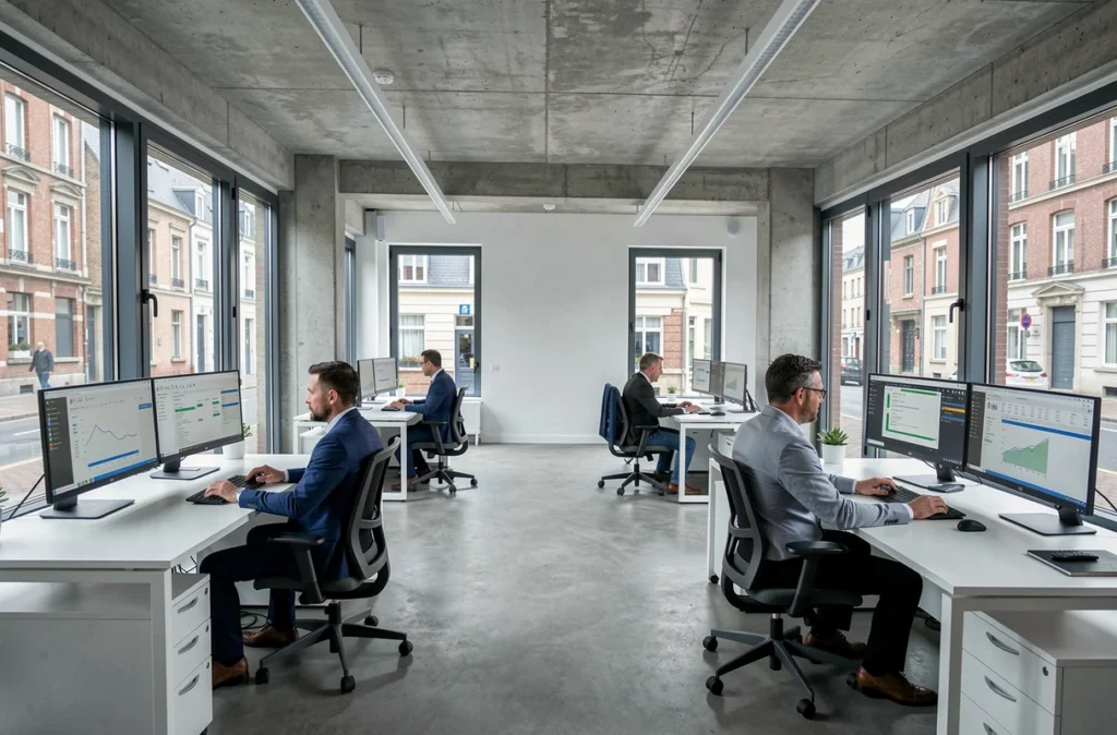 Équipe Sergic travaillant dans un open space moderne de gestion immobilière dans le Nord