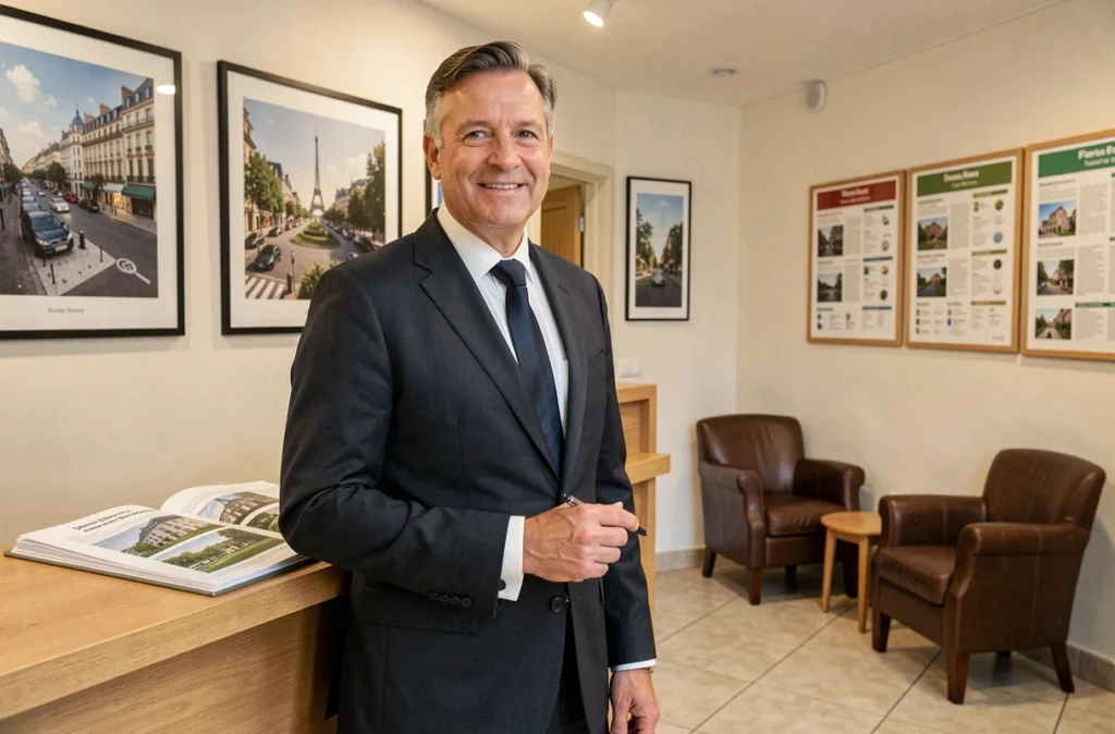 Agent de Thierry Immobilier Nantes accueillant des clients dans la salle de réception de l'agence