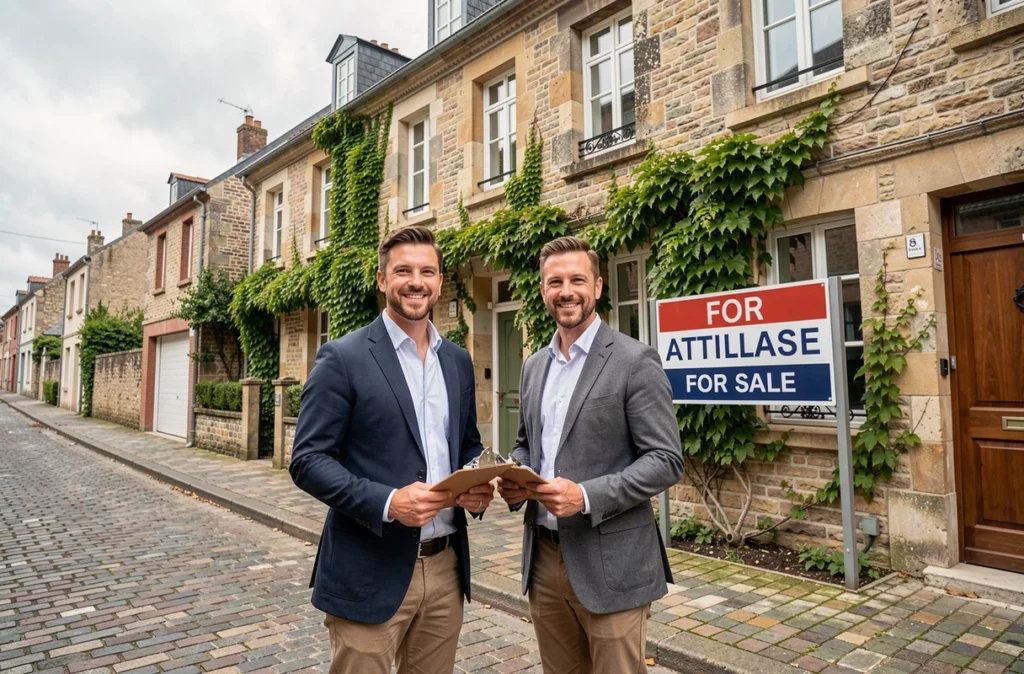 Deux agents de Victor et Richard Immobilier devant une maison à vendre dans une rue de Nantes