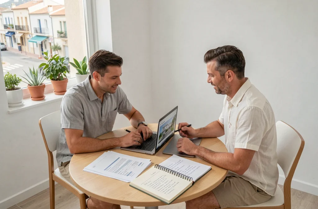 Couple en train de négocier le prix d'un appartement dans une agence immobilière à Empuriabrava